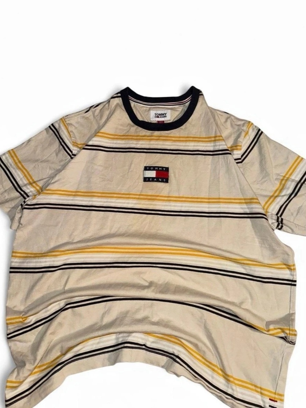 Tommy Jeans Striped Logo T-Shirt Cream & Yellow Short Sleeve Tee